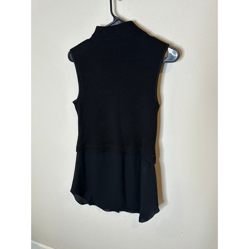 Theory Womens Black Mixed Media Ribbed Mock Neck Sleeveless Chiffon Hem Top M - Picture 3 of 3